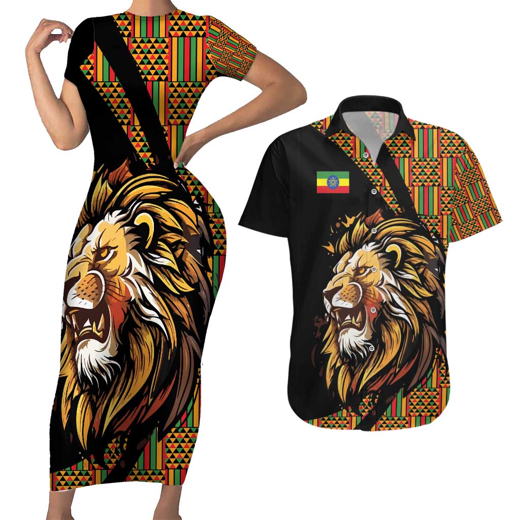 Ethiopia Couples Matching Short Sleeve Bodycon Dress and Hawaiian Shirt Ethiopian Lion Style Pattern