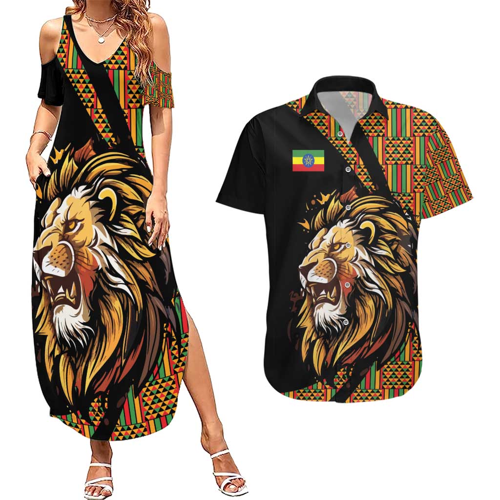 Ethiopia Couples Matching Summer Maxi Dress and Hawaiian Shirt Ethiopian Lion Style Pattern