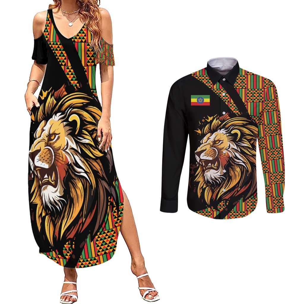 Ethiopia Couples Matching Summer Maxi Dress and Long Sleeve Button Shirt Ethiopian Lion Style Pattern