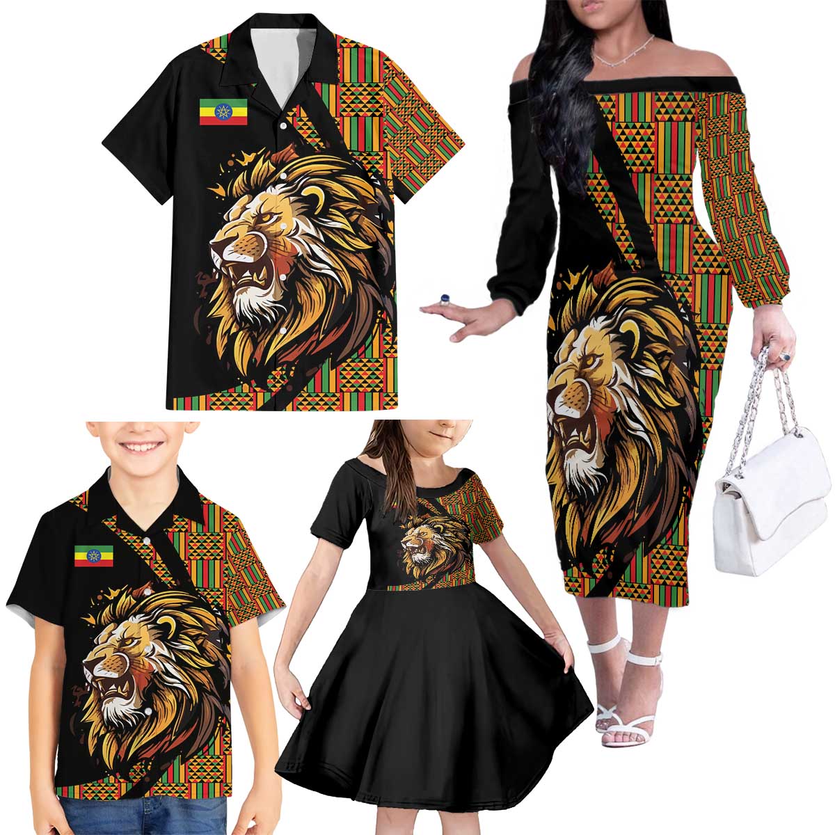 Ethiopia Family Matching Off The Shoulder Long Sleeve Dress and Hawaiian Shirt Ethiopian Lion Style Pattern