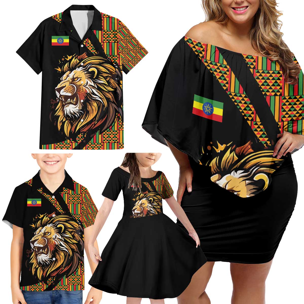 Ethiopia Family Matching Off Shoulder Short Dress and Hawaiian Shirt Ethiopian Lion Style Pattern