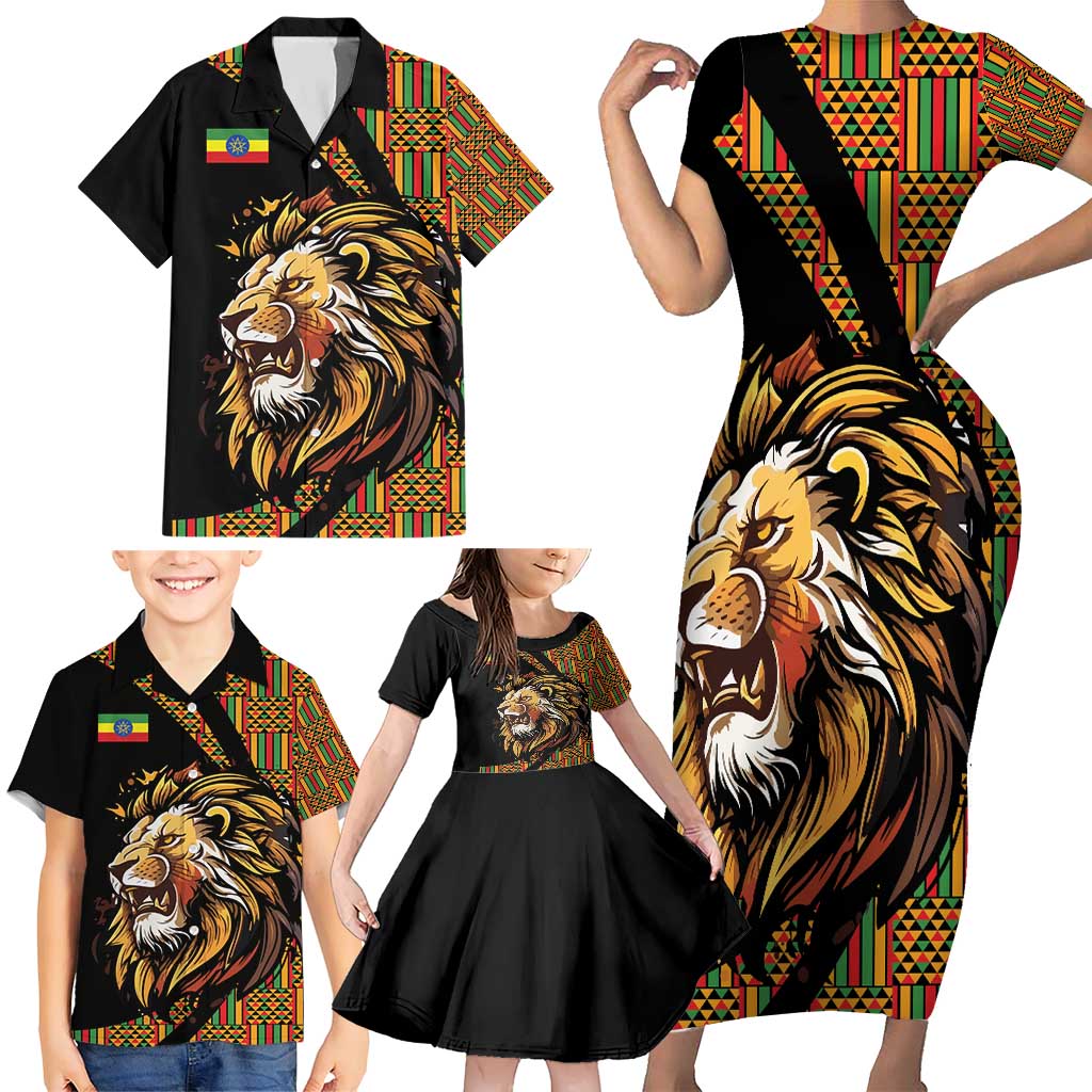 Ethiopia Family Matching Short Sleeve Bodycon Dress and Hawaiian Shirt Ethiopian Lion Style Pattern