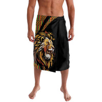Black lavalava with lion head print and colorful pattern panel at front