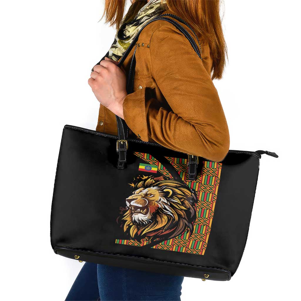 Ethiopia Leather Tote Bag Ethiopian Lion Style Pattern - Wonder Print Shop