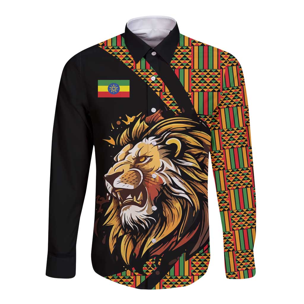 Unisex black long-sleeve button shirt with lion print and colorful patterned panels