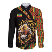 Unisex black long-sleeve button shirt with lion print and colorful patterned panels