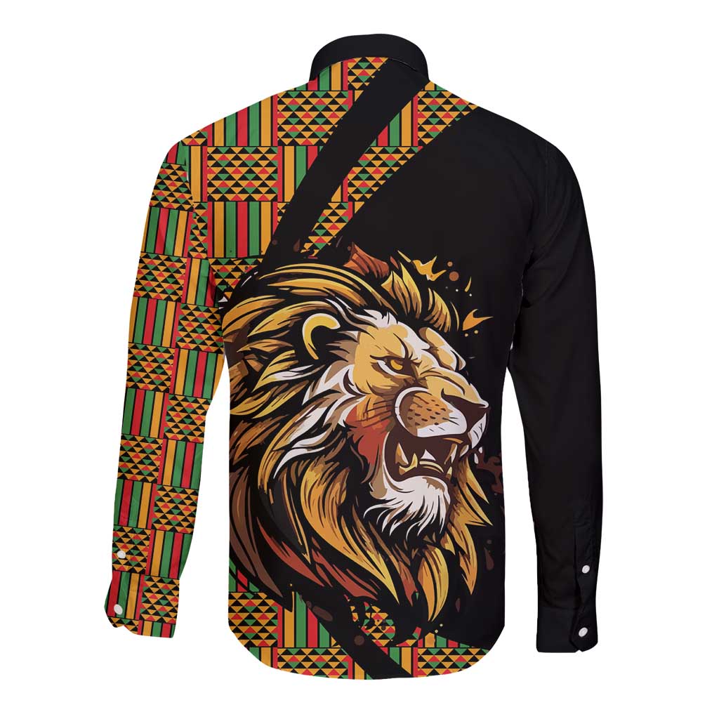 Unisex black long-sleeve button shirt, back view, lion print with colorful patterned panels