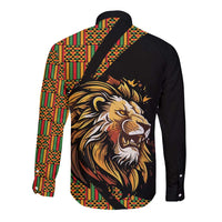 Unisex black long-sleeve button shirt, back view, lion print with colorful patterned panels