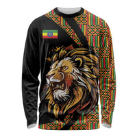 Black long-sleeve shirt with colorful patterned panels and lion front graphic