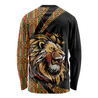 Black long-sleeve shirt with colorful patterned side panels and lion back graphic