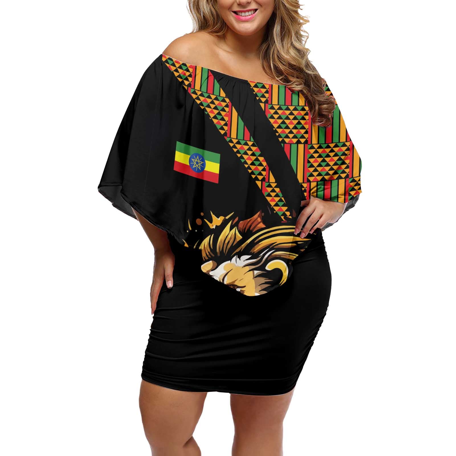 Ethiopia Off Shoulder Short Dress Ethiopian Lion Style Pattern