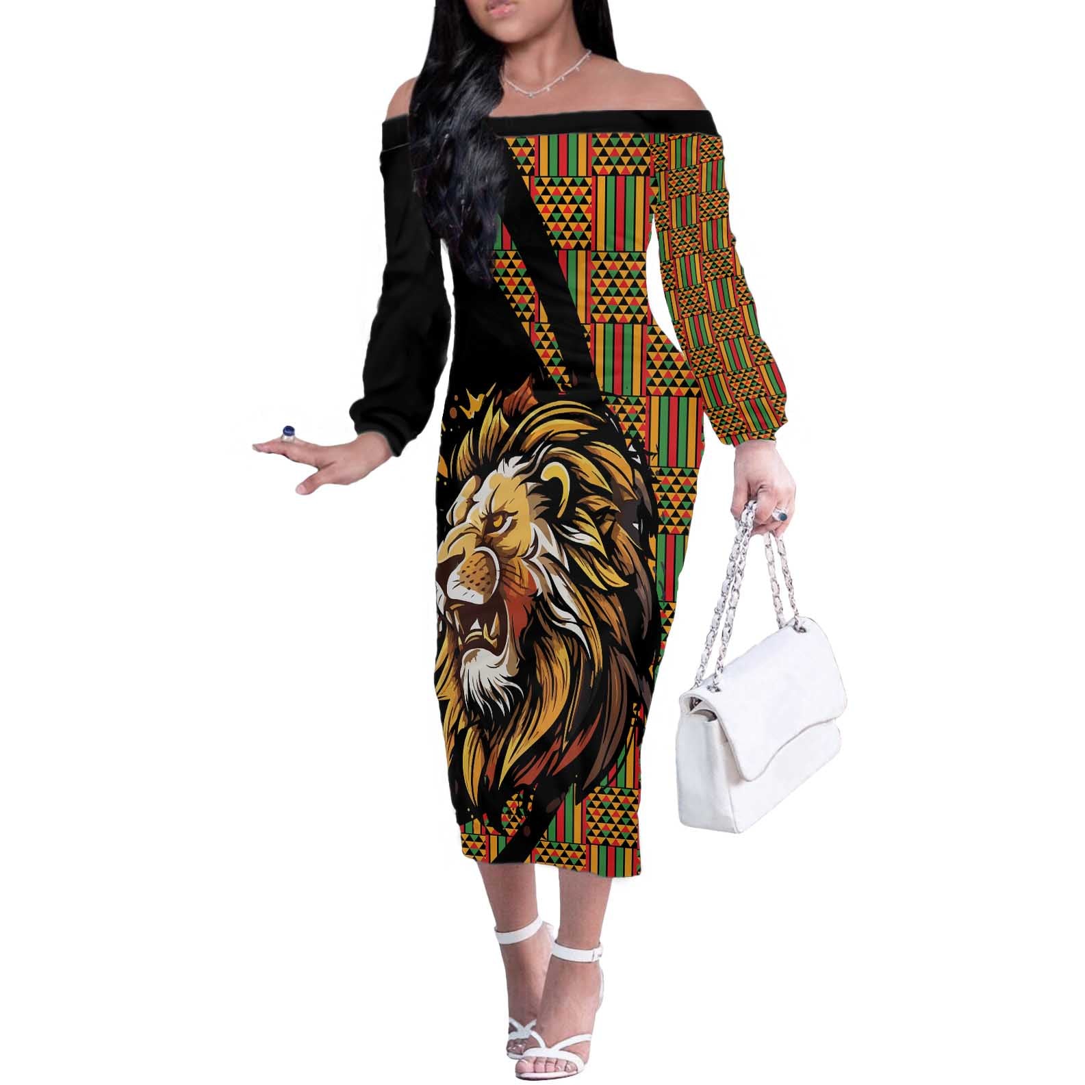 Ethiopia Off The Shoulder Long Sleeve Dress Ethiopian Lion Style Pattern