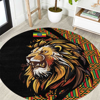 Black round carpet with lion head graphic and colorful geometric edge