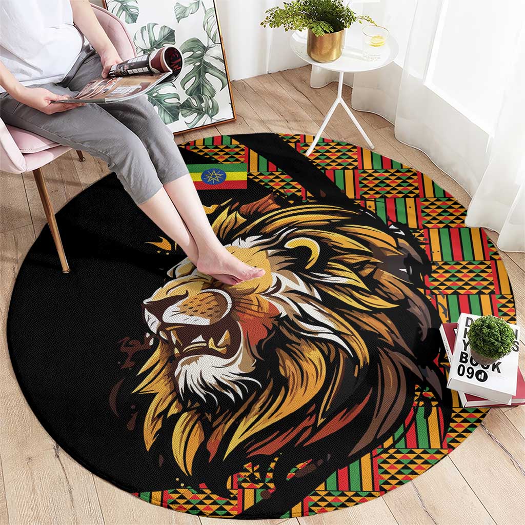 Black round carpet with lion face print and colorful geometric border under chair