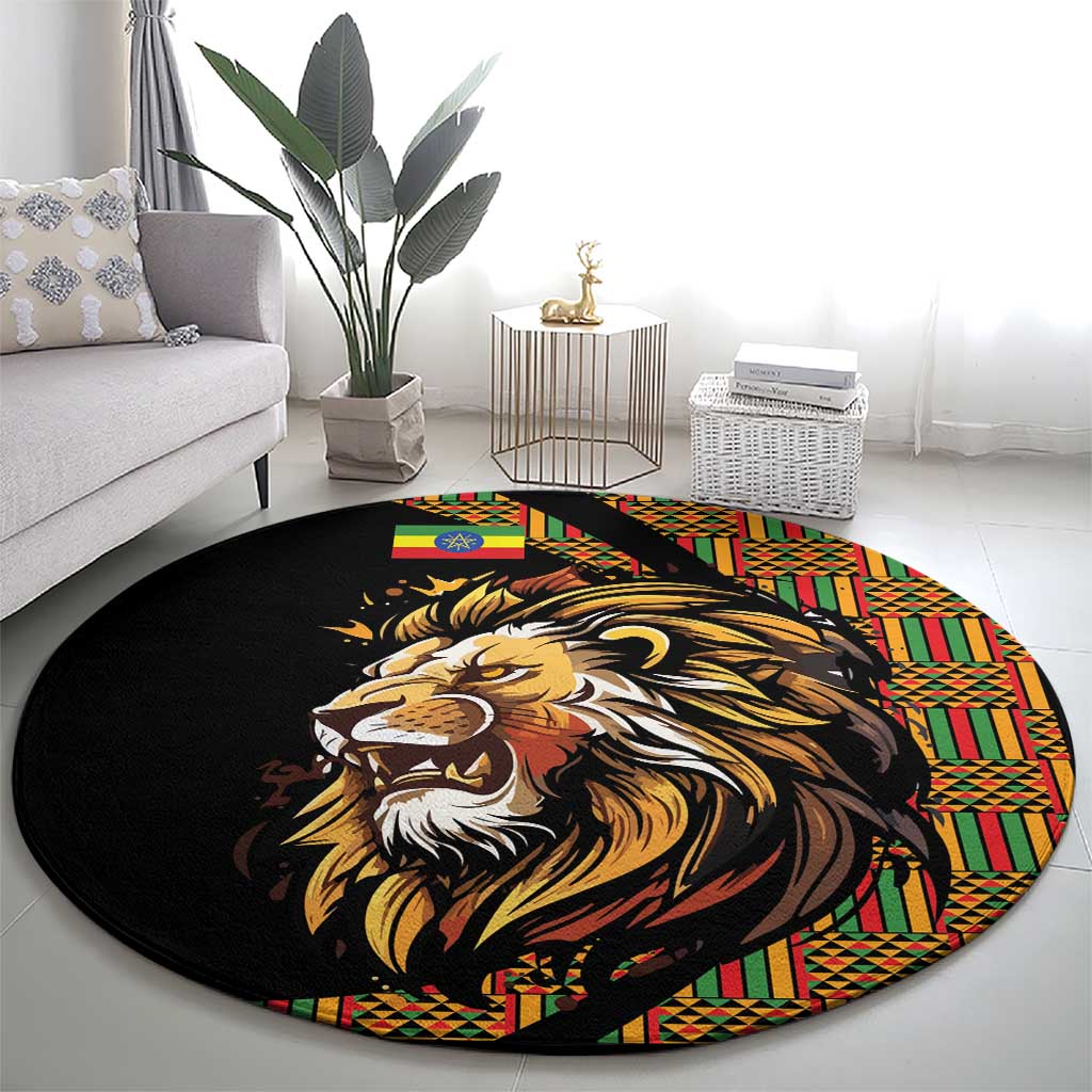 Black round carpet with roaring lion face graphic and colorful geometric border