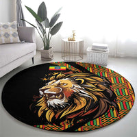 Black round carpet with roaring lion face graphic and colorful geometric border