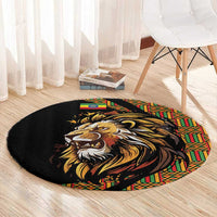Black round carpet with lion face graphic and multicolor geometric trim