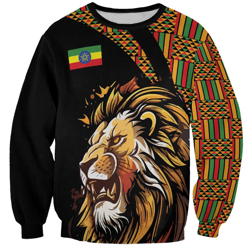 Black unisex sweatshirt with front lion graphic and colorful patterned panels