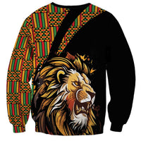 Black unisex sweatshirt with side lion print and colorful geometric patterned shoulders