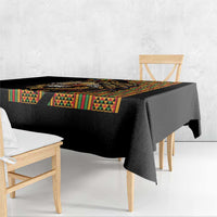 Black rectangular tablecloth with colorful geometric border and lion graphic across