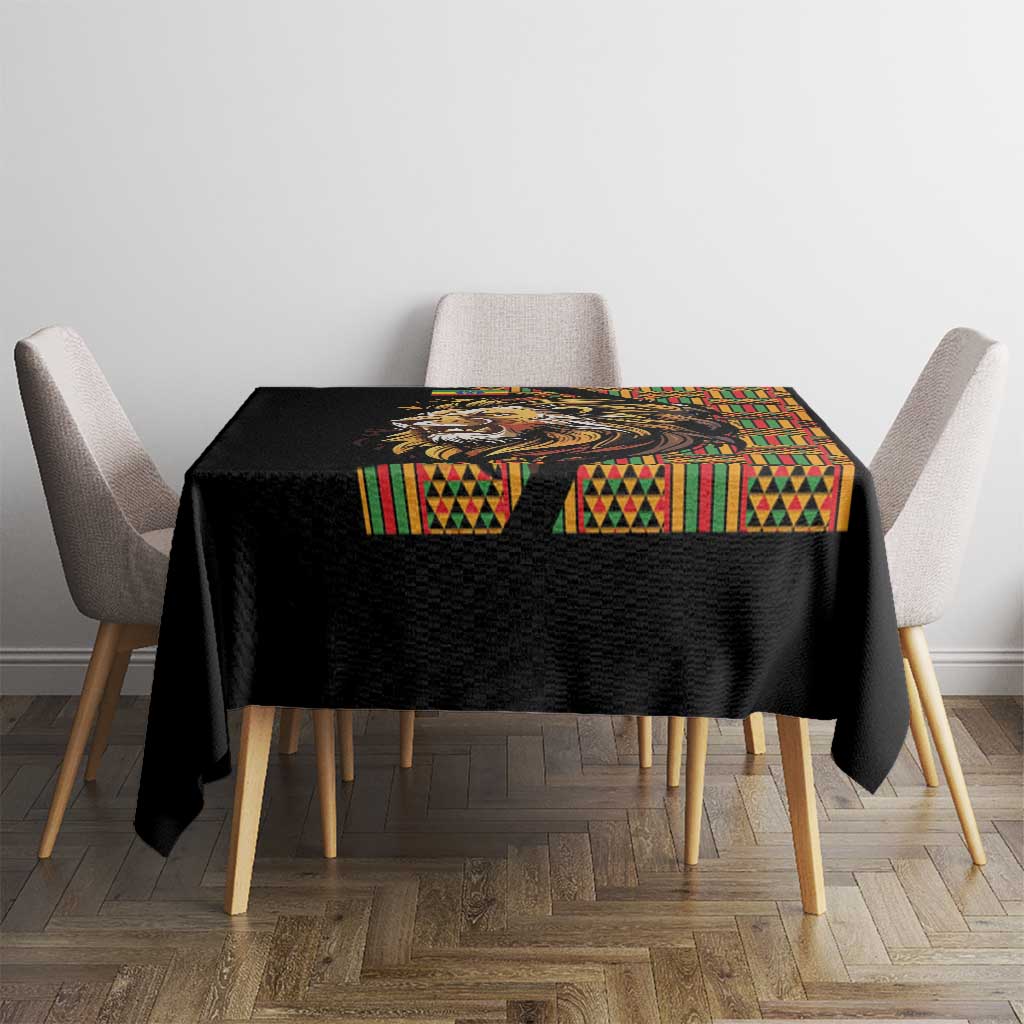 Black lion-themed tablecloth with colorful geometric stripes along the center edge