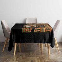 Black lion-themed tablecloth with colorful geometric stripes along the center edge