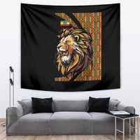Black lion tapestry wall hanging with colorful Ethiopian pattern and lion head graphic