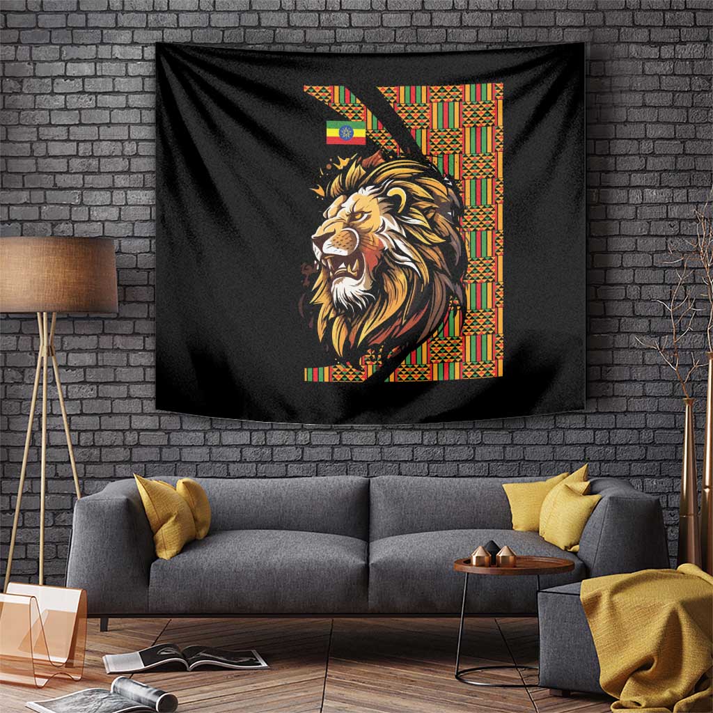 Black lion wall tapestry with colorful Ethiopian border stripes and lion face graphic