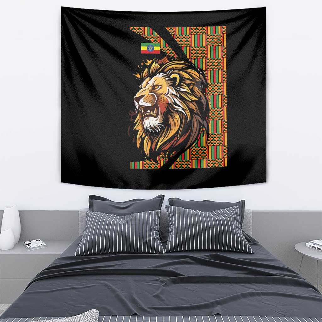 Black lion tapestry wall hanging with colorful Ethiopian patterned panel and lion head