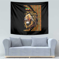 Black lion wall tapestry with multicolor Ethiopian motif border and lion portrait
