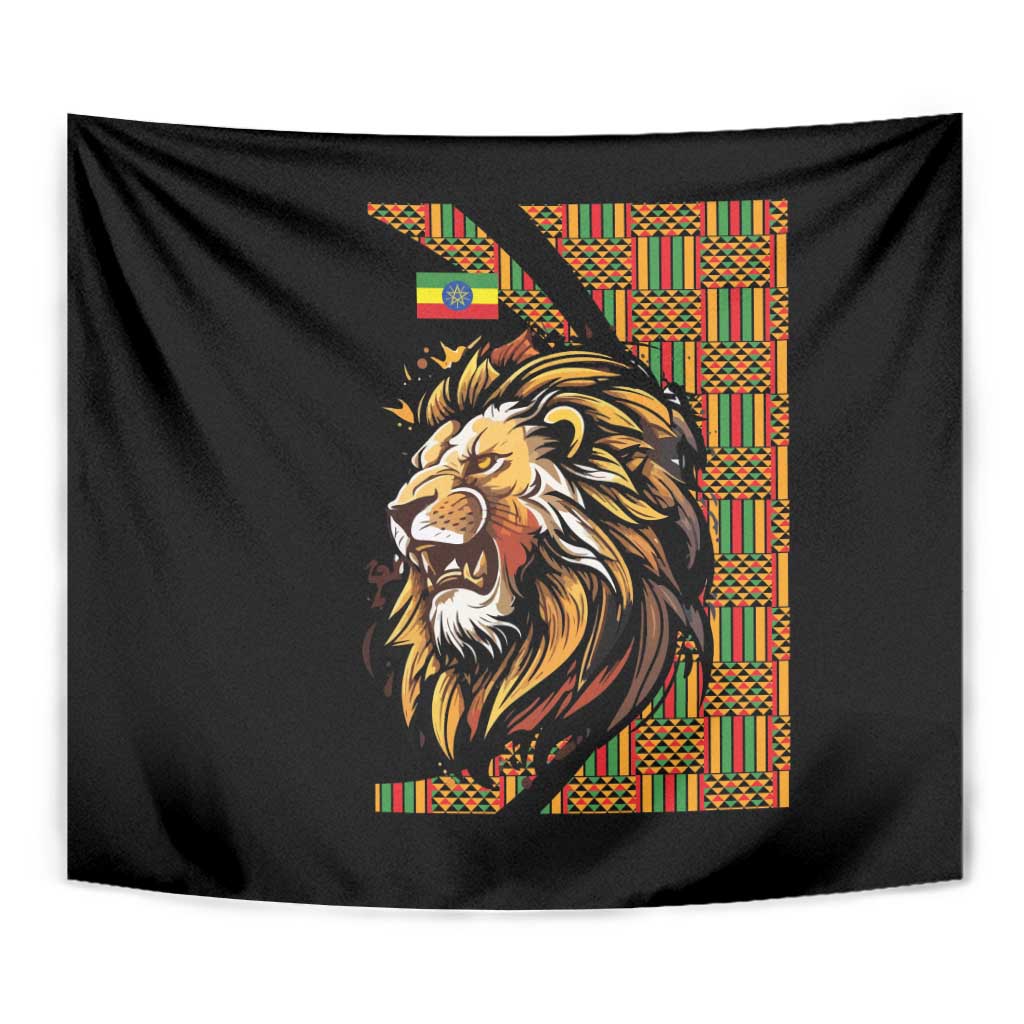 Black lion tapestry close-up with colorful Ethiopian patterned panel and lion face