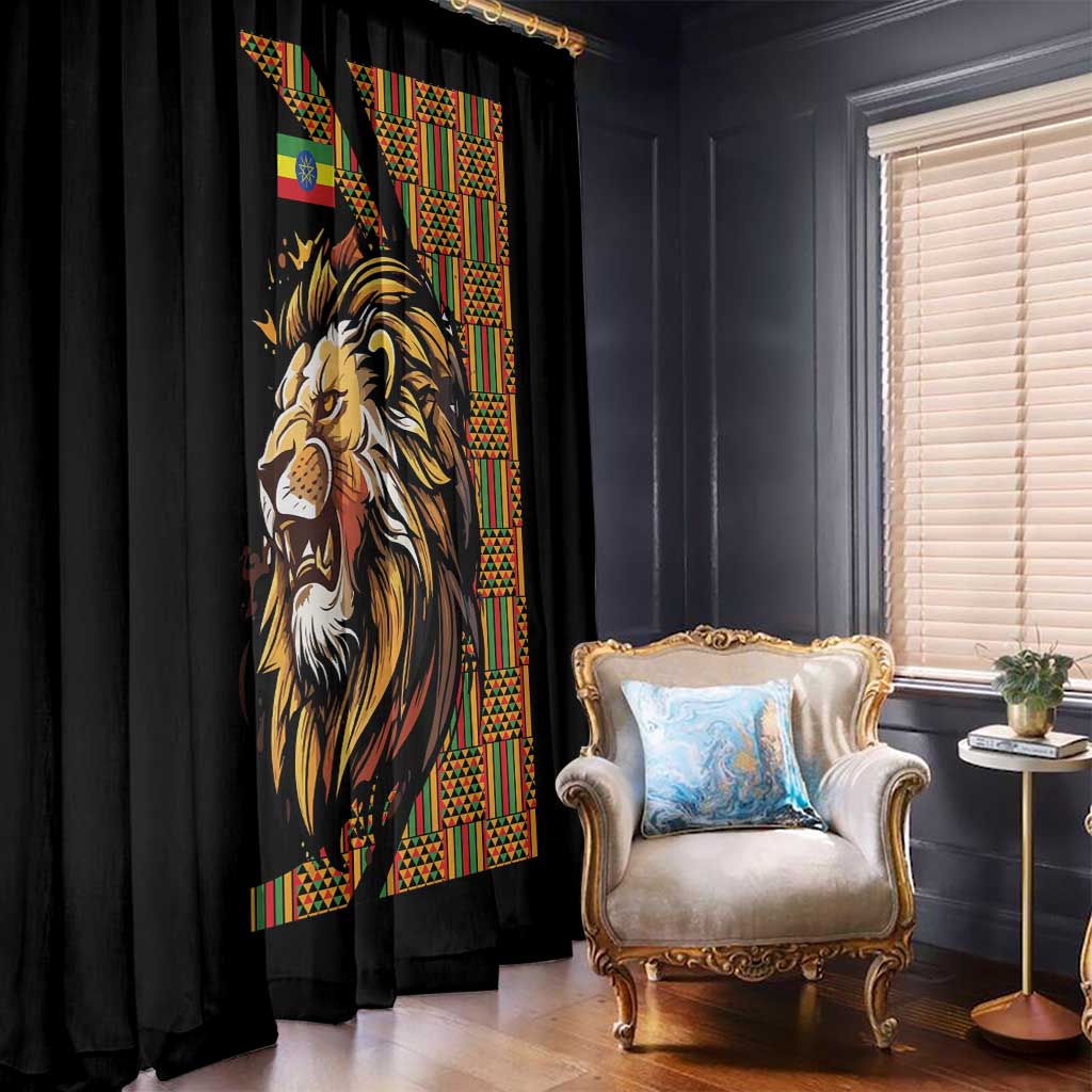 Black window curtain with large lion illustration and patterned border, single panel
