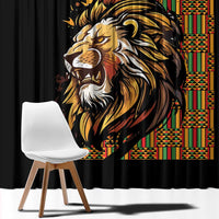 Black window curtain with large detailed lion face print and colorful geometric strip