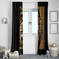 Black window curtain with tall lion motif and colorful patterned side strips