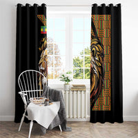 Black window curtain with lion face print on colorful patterned stripe, two panels