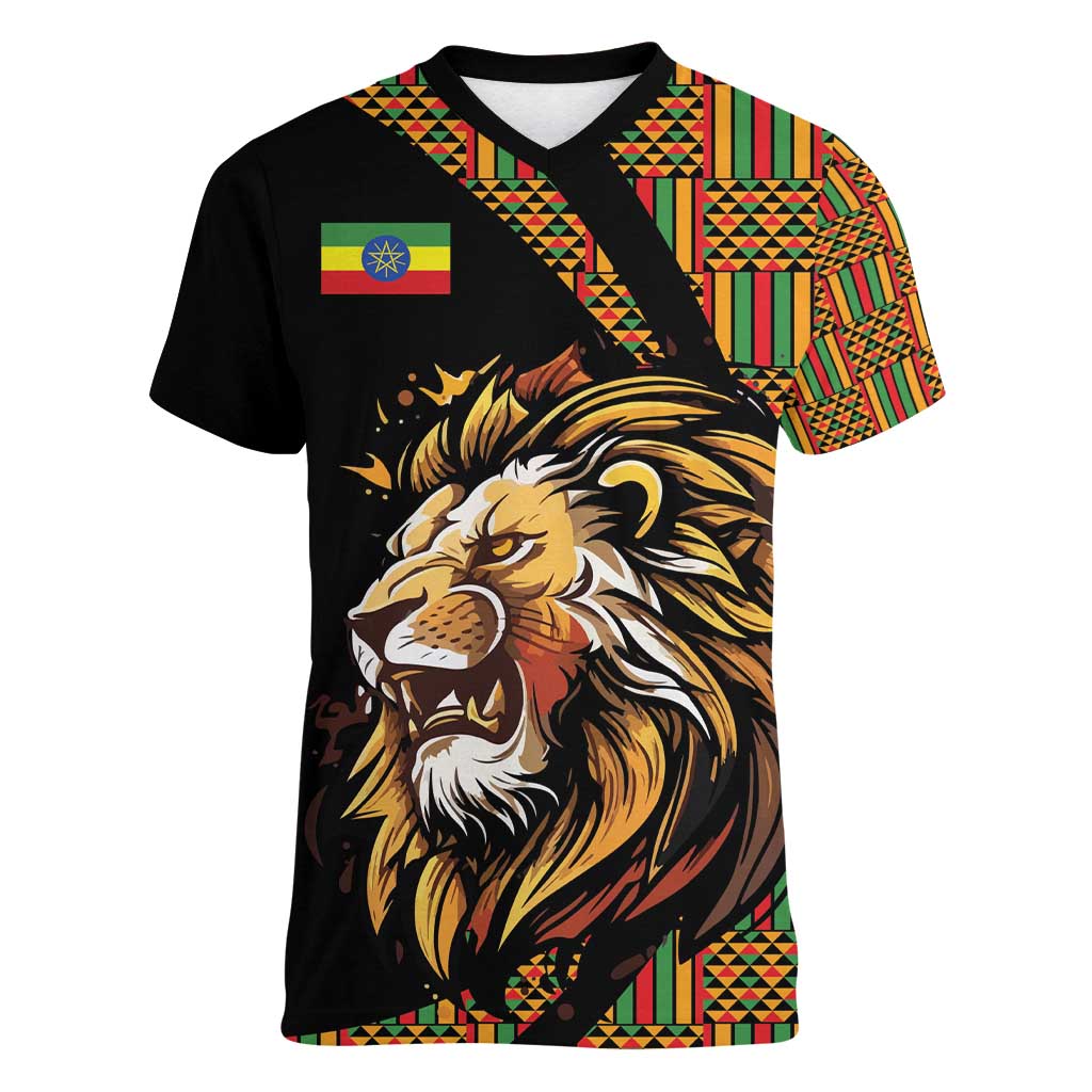 Ethiopia Women V-Neck T-Shirt Ethiopian Lion Style Pattern