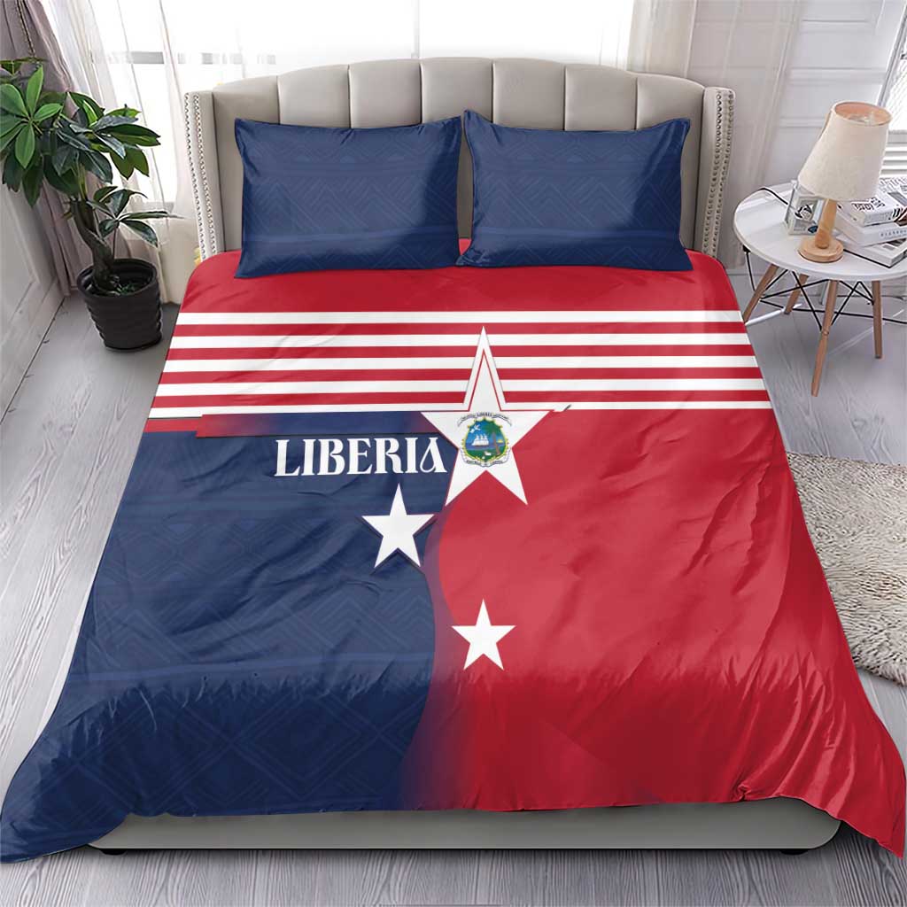 Liberia flag duvet bedding set with red, blue, and white stripes; two matching shams