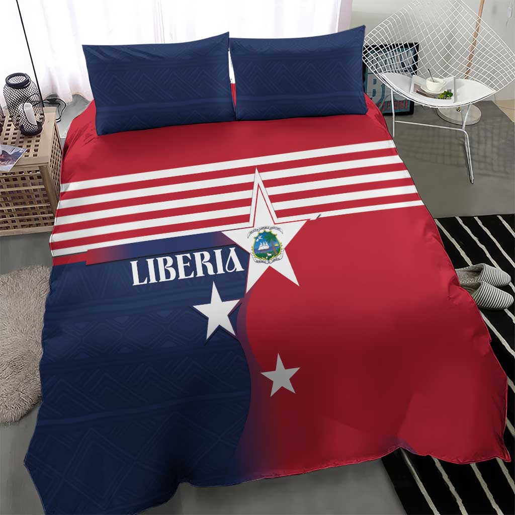 Liberia flag bedding set with red and blue panels, white stripes, and star emblem; two shams
