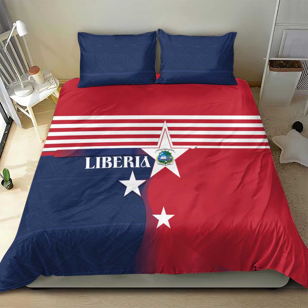 Liberia flag duvet and two shams with red, blue, and white stripe design and stars
