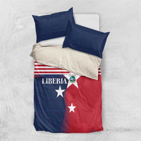 Liberia flag bedding set laid flat: duvet with red/blue panels, white stripes, and star motif
