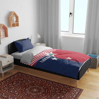Liberia flag bedding set on a bed: red, blue, and white star-and-stripe duvet with blue shams