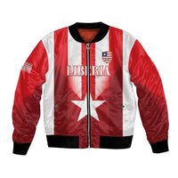 Red and white bomber jacket with Liberia star crest, front zip, black rib trim