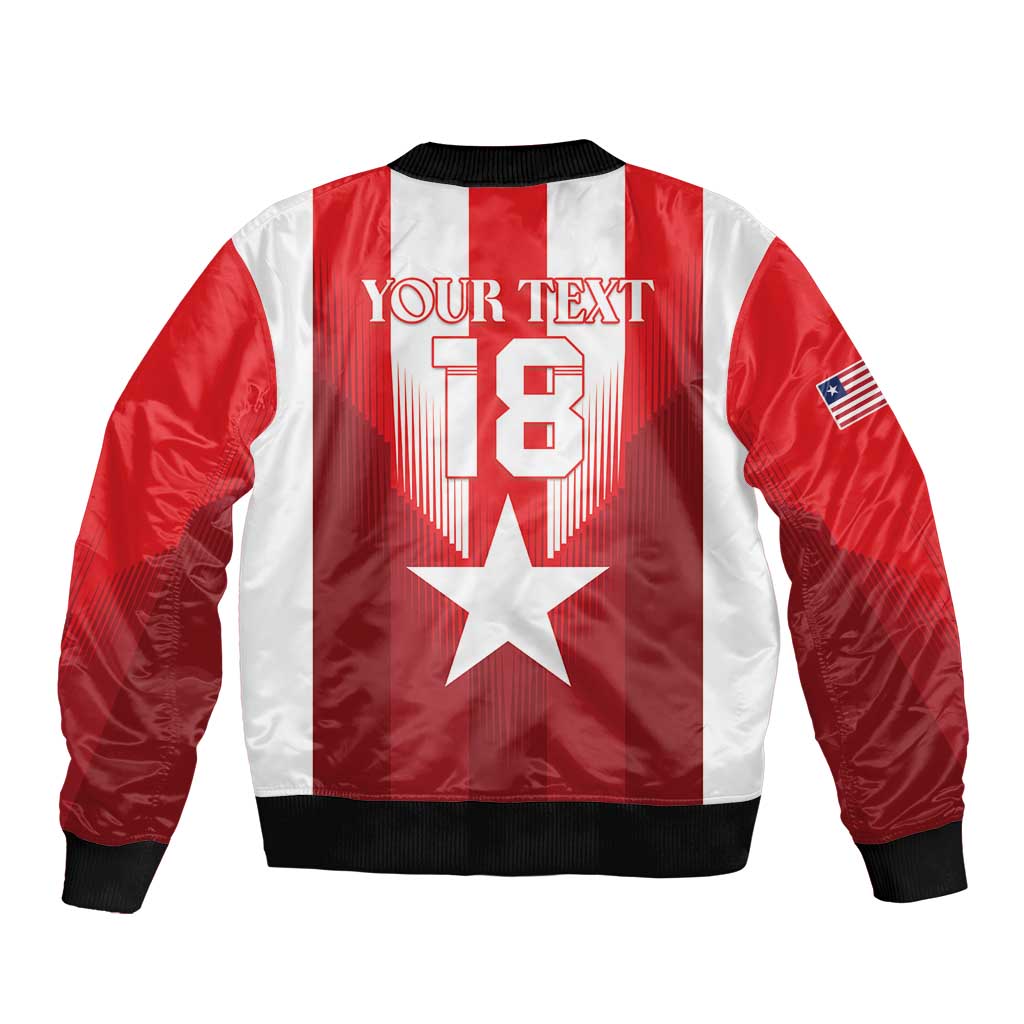 Red and white bomber jacket back with star, large '18' and 'YOUR TEXT', black rib trim