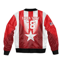 Red and white bomber jacket back with star, large '18' and 'YOUR TEXT', black rib trim