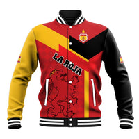 Spain La Roja baseball jacket with red, black, and yellow panels, striped collar, snap front