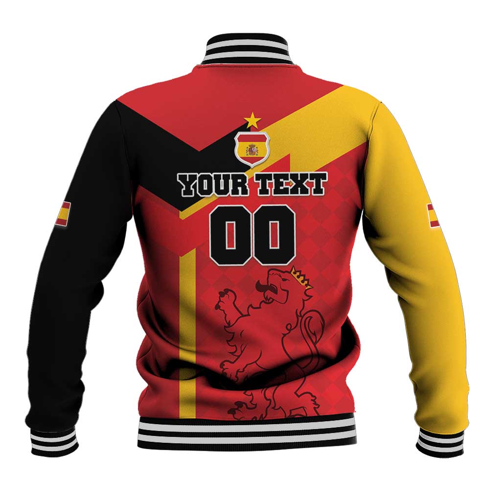 Back of Spain baseball jacket with red, black, yellow panels, striped trim, crest and number 00