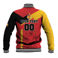 Back of Spain baseball jacket with red, black, yellow panels, striped trim, crest and number 00
