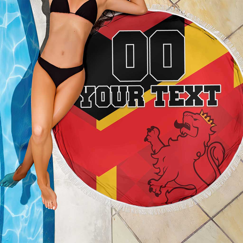 Fringed round beach blanket over a swimmer, Spain flag with lion and custom text