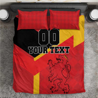 Red and black checkered Spain flag bedding set with lion crest, two pillowcases, and comforter.