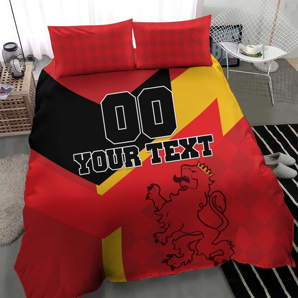 Red Spain flag bedding set with yellow diagonal stripe, lion crest, and two matching pillowcases.